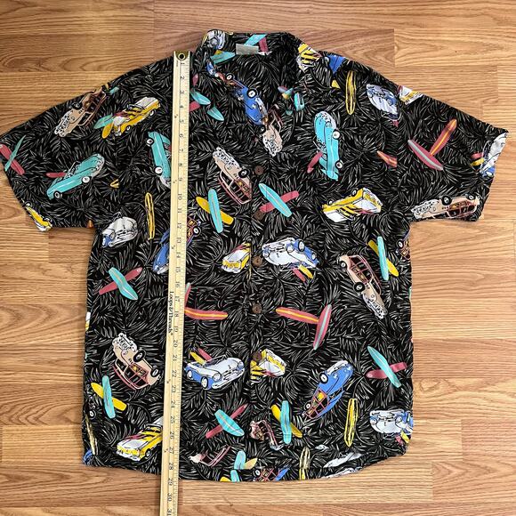 Vintage Pineapple Moon Hawaiian Shirt M | 90s Surf Cars Rayon Aloha Retro Black - Picture 4 of 8